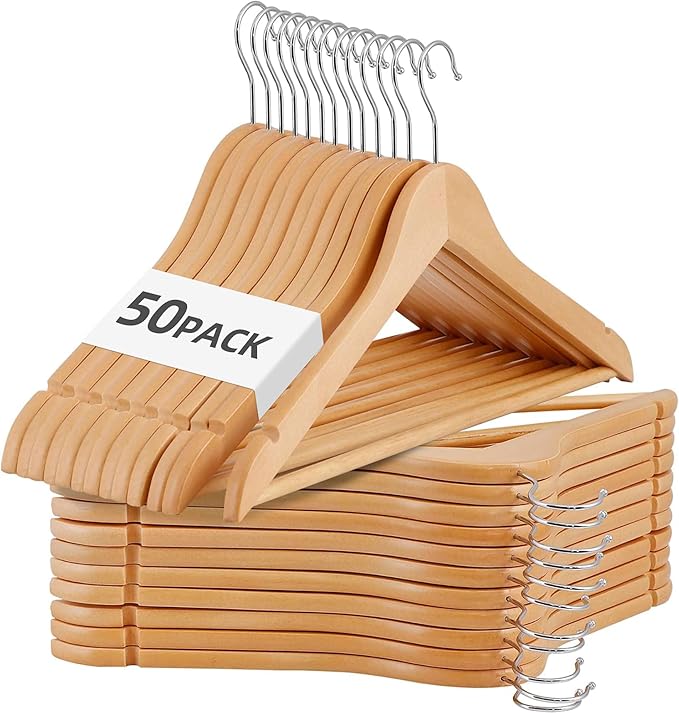 Nouva Wooden Clothes Hangers 50 Pack, Non-Slip Grooved Shoulder Coat Hanger, Slim for Shirts, Jackets, Dress, Pant