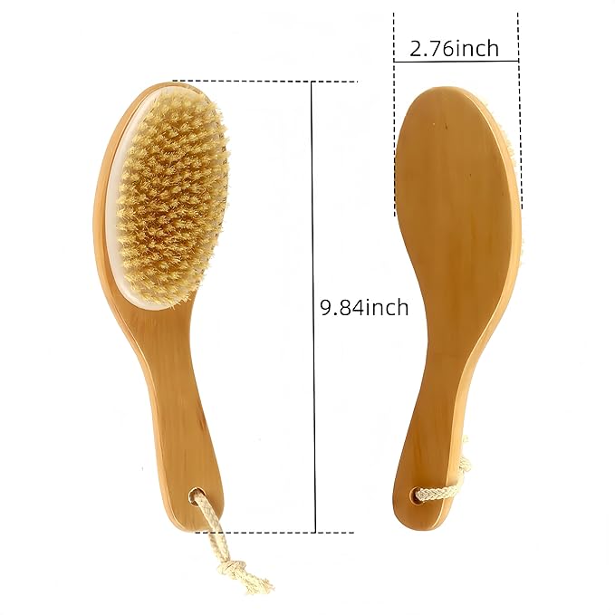 Dry Brushing Body Brush with Contoured Wooden Handle,Natural Bristle Exfoliating Scrubber for Lymphatic Drainage,Dry Skin,Pore Cleansing,Cellulite Decrease and Blood Circulation Boost