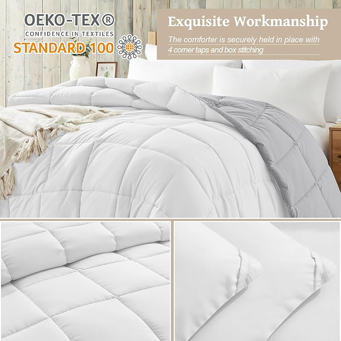 Homelike Moment Twin Comforter Duvet Insert - Grey Down Alternative Bed Comforter Twin Size, Lightweight Bedding Comforters Quilted Soft All Season Reversible White/Light Gray