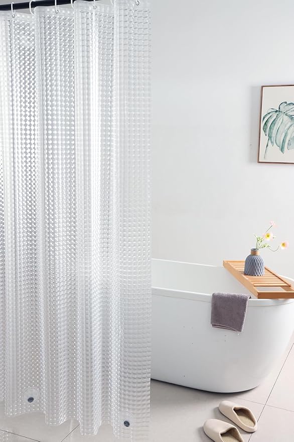 Shower Curtain Liner 74 Inches Long, EVA Heavy Duty Clear Shower Liner with 3 Strong Weights, 3D Square, 72 x 74 Inch