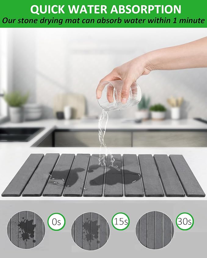 Large Stone Dish Drying Mat for Kitchen Counter, 24x16 Inches Foldable Food-grade Material Super Absorbent Diatomaceous Earth Mats with Self-drying for Dishes Sink Bathtub, Dark Grey