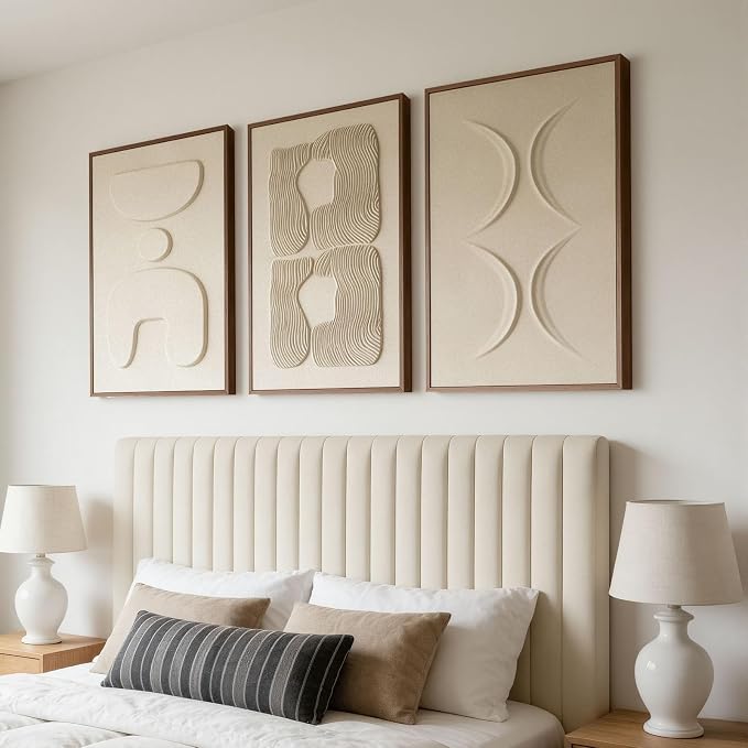 Large 3D Textured Wall Art for Living Room, Set of 3 Wabi Sabi Abstract Sandstone Relief Artwork with Solid Catalpa Wood Frame, Minimalist Triptych Pictures for Hallway Entryway, Sand Beige, 16x24 In