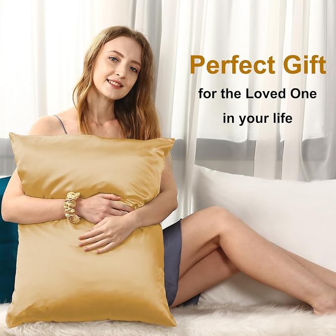 Ravmix Silk Pillow Cases with Zipper, 21momme Mulberry Silk Pillowcase for Hair Skin Health, Soft Smooth Breathable Cool Pillow Cover for Beauty Sleep with Gift Box 1PC(Standard 20"x26", Gold)