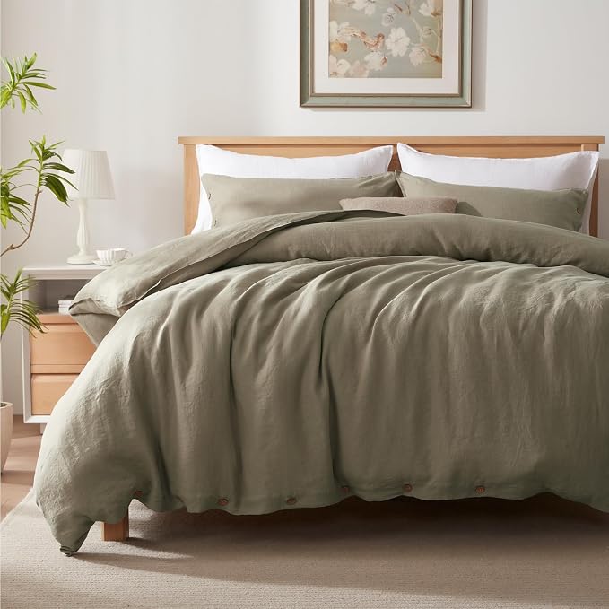 TOSMO 100% Linen Duvet Cover Set with Button Closure, 3 Pieces (1 Duvet Cover with 2 Pillowcases), Soft Breathable Durable Farmhouse Bedding - King, Taupe