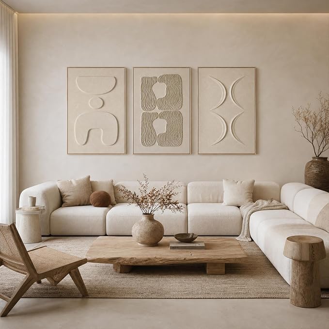 Thalasse Large 3-Piece 3D Textured Wall Art, Wabi Sabi Sandstone Relief Panels with Solid Wood Frame, 24x36 Inch Minimalist Wall Decor for Living Room, Hallway and Entryway
