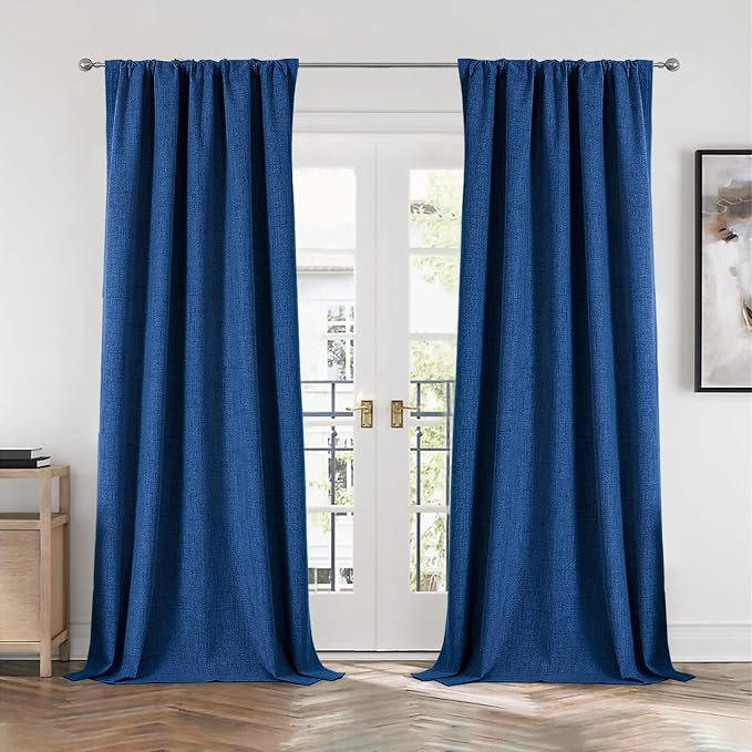 CUCRAF Linen 100% Blackout Curtains 108 Inch Length 2 Panels Set, Back Tab and Rod Pocket Curtain for Living Room Bedroom, Room Darkening Window Drapes Thermal Insulated, (52x108 inch, Navy Blue)