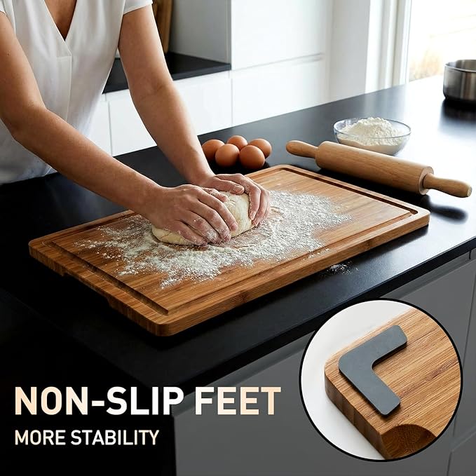 3 Pack Bamboo Cutting Board Set with Non Slip Feet Solid Wood Cutting Boards for Kitchen Non Toxic Wooden Chopping Boards Small Plastic Free Butcher Block Hardwood Serving Cheese Charcuterie Board
