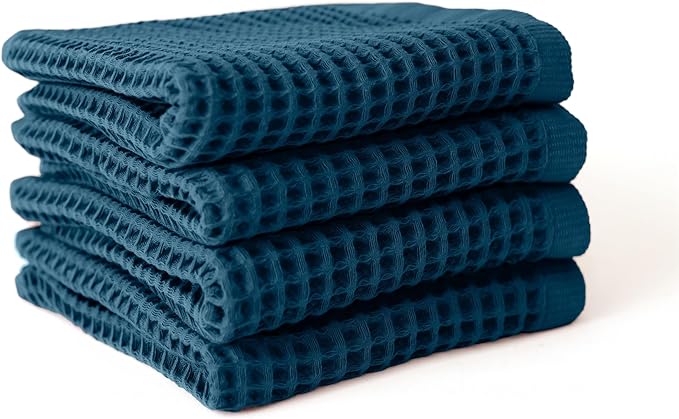 Premium Waffle Hand Towels Pack of 4 Extra Large 20x35 inch - 100% Turkish Cotton, Waffle Weave, Quick Dry, Lint Free, Super Absorbent, Thin Hand Bath Towel (Indigo, Set of 4 Hand Towels)