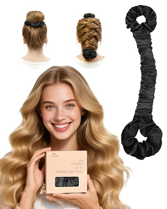BONNET QUEEN Multi-function Satin Heatless Hair Curler & Hair Tie Non-Heating Hair Roller Curling Rod with Scrunchie, Large, Black(For Big Curls)