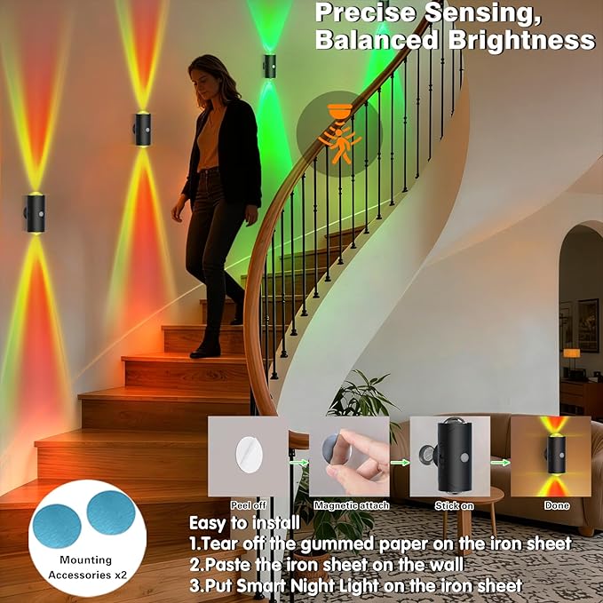 Motion Sensor Night Light Indoor, 1500mAh Rechargeable RGB Color Changing LED Wireless Wall Sconce Set of Two with Magnetic Base, Peel and Stick Sconces for Bedroom, Bathroom, Hallway, Stairs