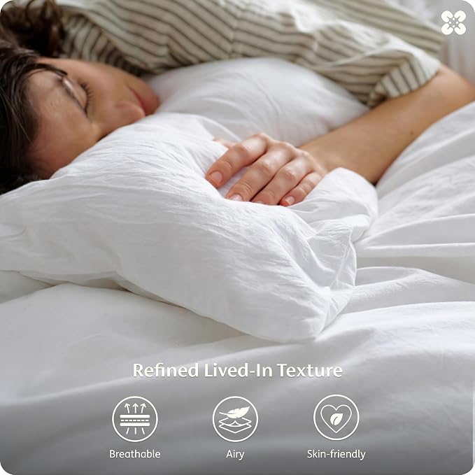 Bedsure Duvet Cover Queen Size - 100% Washed Cotton, Linen-Like Minimalist Bedding - PureWoven Plain Soft Comforter Cover for All Seasons, 1 Duvet Cover Only (Bright White, 90" x 90")