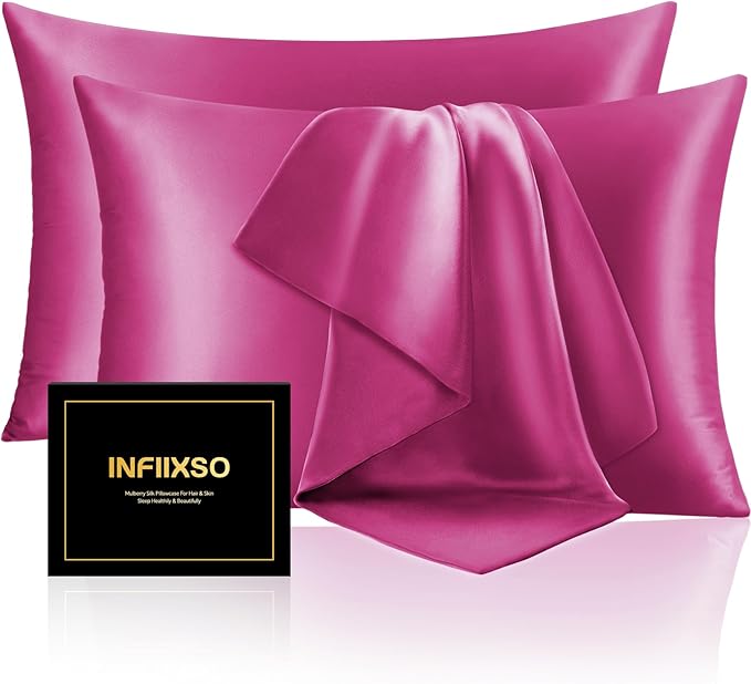 INFIIXSO Mulberry Silk Pillow Cases King Size Set of 2, Silk Pillowcase with Hidden Zipper 20"x36", Extraordinary Smooth and Soft Pillow Case for Hair and Skin(Hot Pink, 2 Pack)