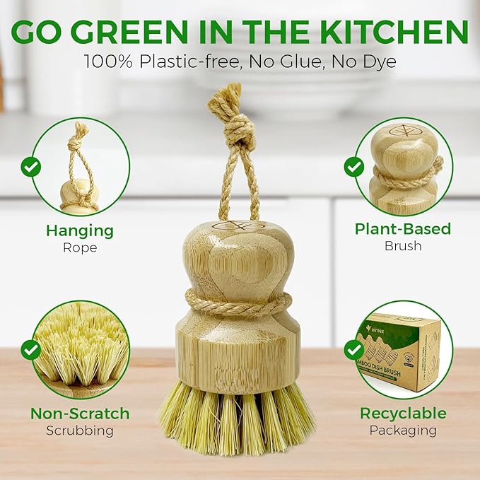 Bamboo Dish Brush Set of 3 and Scouring Pad Dish Washing Scrubbers Pack of 12 - Coconut Fiber Scrubbers with 100% Plant-Based Kitchen Dish Brush Bamboo with Sisal and Coconut Bristles, 2 Brush Types
