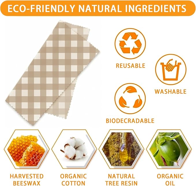 Reusable Beeswax Wrap, 9 Pack Sheets for Bread, Fruit, Bowl, Organic, Sustainable, Zero Waste, Plastic-Free Food Storage, 1XL, 3M, 5S, Flour Sack and Gingham Pattern