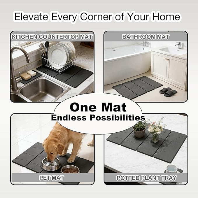 23.6"×15.7" Diatomaceous Earth Stone Dish Drying Mat, Foldable Super Absorbent Quick Dry Non-Slip Eco-Friendly Pad for Kitchen Counter, Dishes, Cups, Bottles & Utensils, Dark Gray