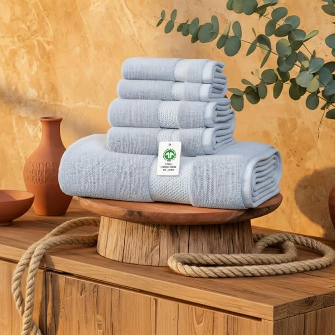 Farm to Home 100% Organic Bath Towel Set of 6 – GOTS & Oeko-TEX Certified Organic Cotton, Soft, Ultra Absorbent, Quick Dry - Includes 2 Bath Towels, 2 Hand Towels, 2 Washcloths - Sky