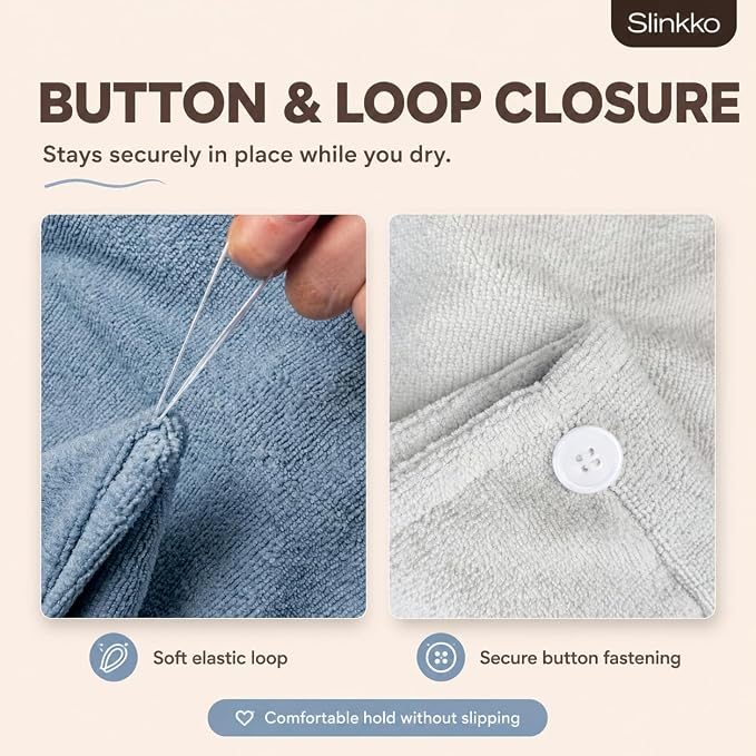Microfiber Hair Towel Wrap for Women – Ultra Absorbent Quick Dry Turban | Button & Loop Design | Soft Lightweight Fabric | Reduces Frizz & Breakage | All Hair Types | Blue & Grey