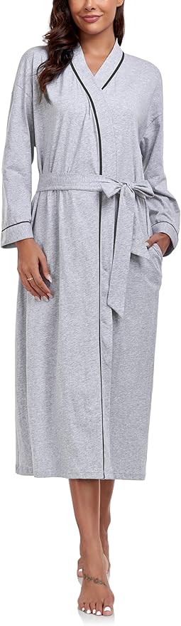 COLORFULLEAF 100% Cotton Women's Robes Summer Lightweight Kimono Soft Long Cotton Bathrobe for Women with Pockets