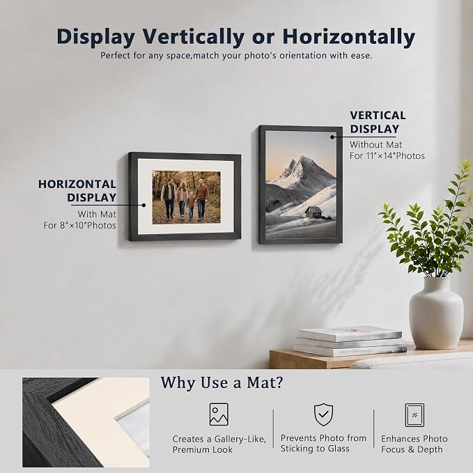 VCK 11x14 Picture Frames Black - 6 Pack, Wide Border Solid Wood, Tempered Glass, Display 8x10 Photo with Mat or 11 x 14 Without, for Home, Office, Gallery, Woodgrain Series, Wall Hanging