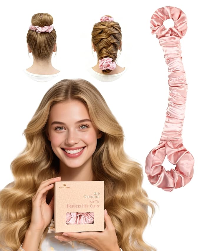 BONNET QUEEN Multi-function Satin Heatless Hair Curler & Hair Tie Non-Heating Hair Roller Curling Rod with Scrunchie, Large, Cream Pink(For Big Curls)