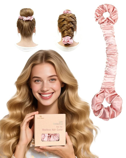 BONNET QUEEN Multi-function Satin Heatless Hair Curler & Hair Tie Non-Heating Hair Roller Curling Rod with Scrunchie, Large, Cream Pink(For Big Curls)