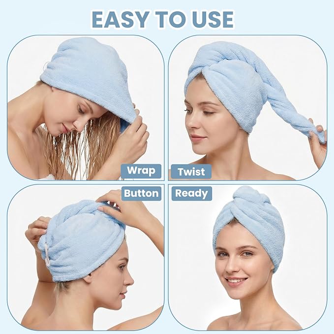 Mandydov 100% Cotton Hair Towel Wrap for Women, 2 Pack Thickened & Super Absorbent Turbans, Anti Frizz Quick Dry Hair Towels (White, Blue)