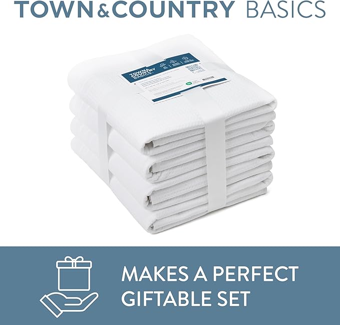 Town & Country Basics 4-Piece Waffle Woven Terry Stripe Bath Towel Set, 30x56-Inch, 100% Cotton, Quick Dry, White