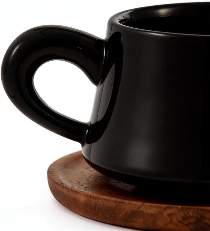 Black Cappuccino Mug and Wood Saucer - 7 oz Ceramic Coffee Cup with Saucer | Microwave Dishwasher Safe | For Tea, Espresso, Latte | Porcelain Cup Set for Kitchen Cafe | Great Gift