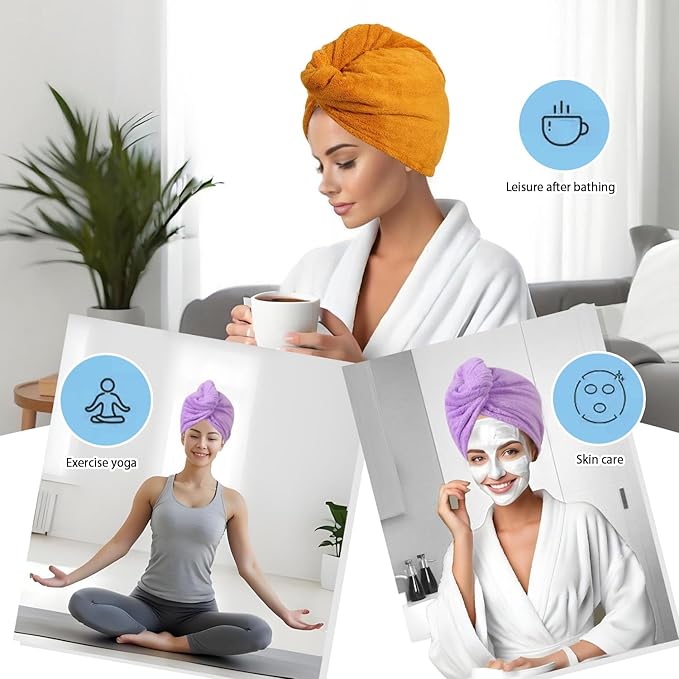 Microfiber Hair Drying Towel Wrap for Women, Hair Turbans Towel for Wet Hair,turbie Twist Hair Towels(The Color of the Picture is for Reference only) (Apricot Yellow,Purple)