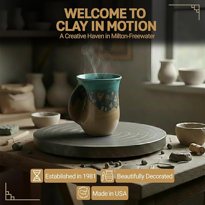 Clay in Motion Hand Warmer Coffee Mug – Handmade Coffee Mug With Comfortable Handle Contoured Pocket Hand Warming Ceramic Coffee Mug – Proudly Made in USA – Left Handed – 14 Oz - Island Oasis