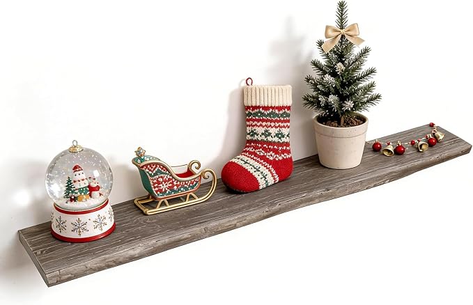 Floating Shelves for Wall, 55"x9.3" Rustic Solid Live-Edge Elm Wood Wall Shelves, Heavy-Duty Floating Shelves with Invisible Brackets, Set of 2 for Living Room, Bedroom, and Kitchen, Grey Finish