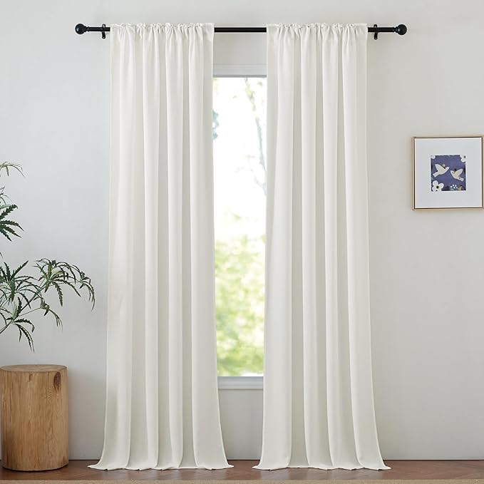 NICETOWN Sheer Ivory Curtains 96 inches Long, Rod Pocket & Back Tab Semi Sheer Faux Linen Blend Privacy Semitransparent with Light Filtering Bedroom/Living Room, W52 x L96, Ivory, 2 Panels