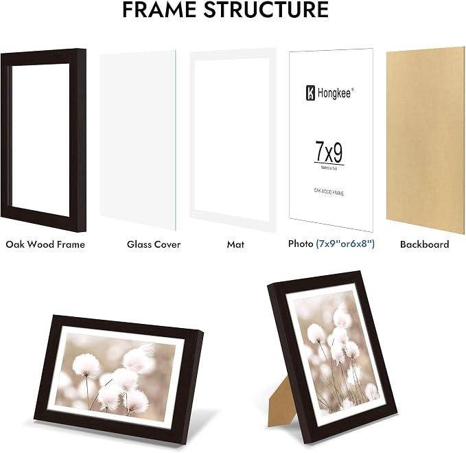 Hongkee 7x9 Oak Wood Picture Frame 1 Pack(Matted 6x8) with Real Glass Cover | Black, 7 x 9 Solid Wood Frame for Wall or Tabletop Display - Includes Easel Back, Vertical Hang - Ideal for Home, Office