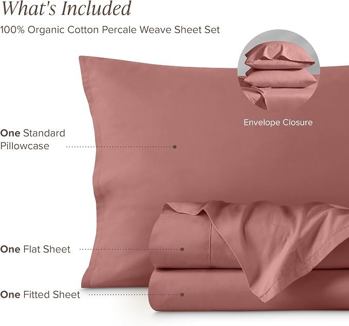Bare Home 100% Organic Cotton Twin XL Sheet Set - Crisp Percale Weave - Lightweight & Breathable - Bedding Sheets & Pillowcases (Twin XL, Dusty Rose)