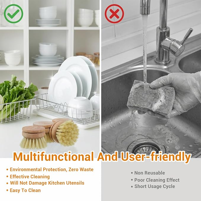 12 Pcs Bamboo Dish Brush Replacement Heads, Wooden Dish Brushes for Cleaning – Kitchen Wood Dish Scrubbers Washing Up Brush Heads Natural Bristle Brush Refills for Dishes, Pots