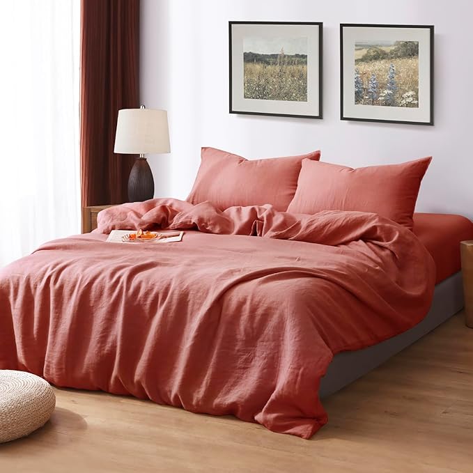 S VICTORY SYMBOL 100% Organic Linen Duvet Cover Set 3 Pieces,Natural French Flax Bedding Set,1 Comforter Cover and 2 Pillowcases,Solid Color Full Size(Clay)