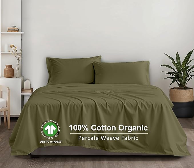 RUVANTI 100% Cotton Organic Percale Sheets Full Size – Crisp Cooling Bed Sheets for Hot Sleepers, Deep Pocket 15”, Soft Peach Finish, Breathable & Durable Hotel-Style 4 Pcs, Olive
