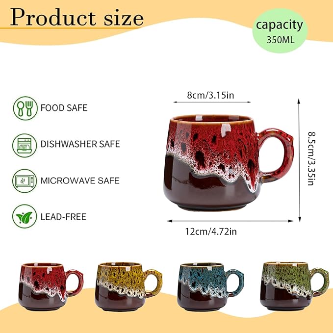 12oz Cool Unique Mugs, Handmade Ceramic Coffee Mug, Great Gift for Men Women, Microwave & Dishwasher Safe Stoneware Pottery Tea Mug for Home Office(red)