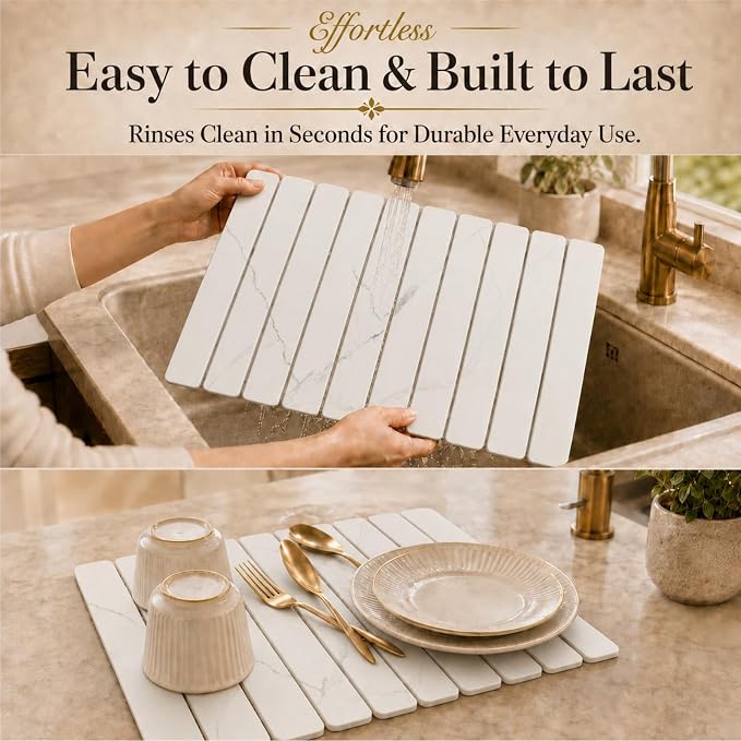 2 PCS Large Stone Dish Drying Mat for Kitchen Counter, 24" x 16" Diatomaceous Earth Dish Mat with 8" x 4" Coaster, Quick Dry Foldable Absorbent Mat for Dishes, Cups, Bottles (White)