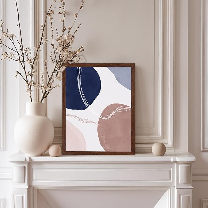Monem Art Abstract Organic Shapes Print - Scandinavian Blue Geometric Poster - Wall Decor for Living Room, Bedroom or Office - 8x10 Brown Framed Wall Art by Mareike Bohmer