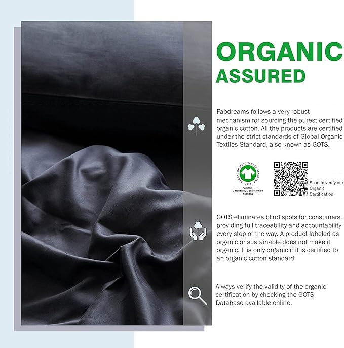Fabdreams Organic Cotton Sheets Full Size Bed – 400 TC GOTS Certified, Ultra Soft Long Staple Cotton, Eco-Friendly Luxury Bedding Better Than Egyptian Cotton, Breathable Deep 17″ Pockets – Dark Grey
