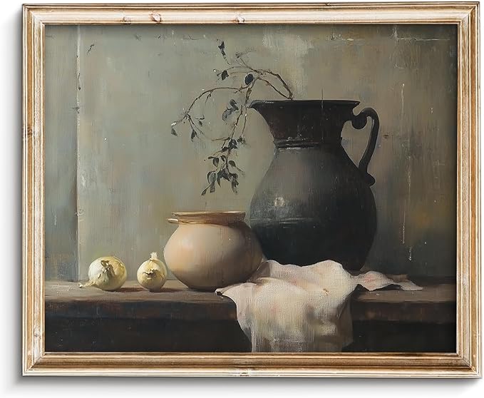 Vodefoad Still Life Vase Retro Vintage Canvas Wall Art Moody Kitchen Art Print Vintage Vase Still Life Oil Painting Vintage Neutral Wall Art for Home Bedroom Bathroom Decor - 8x10Inch Unframe