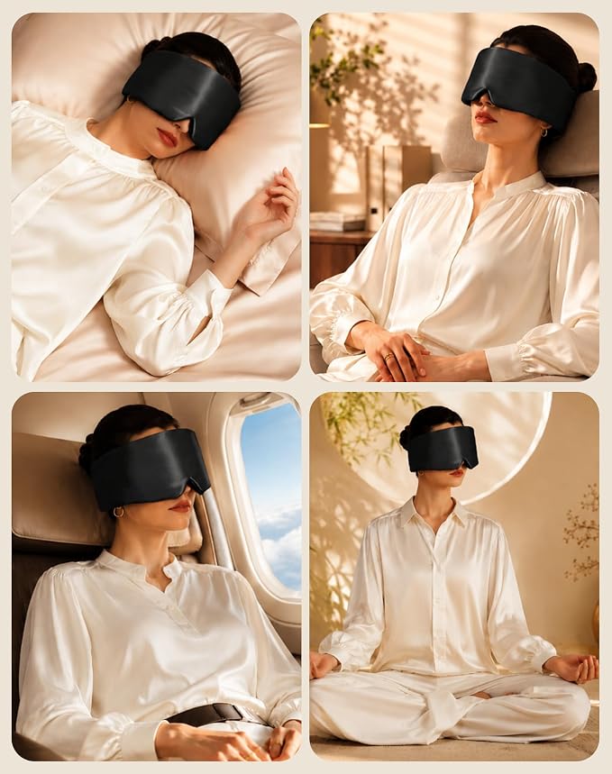 SilkSilky Silk Sleep Mask for Side Sleepers - 22 Momme 100% Mulberry Silk, Wide Face-Hugging 3D Eye Mask for Total Blackout, Zero Pressure & Adjustable Band for Women Men (Black)