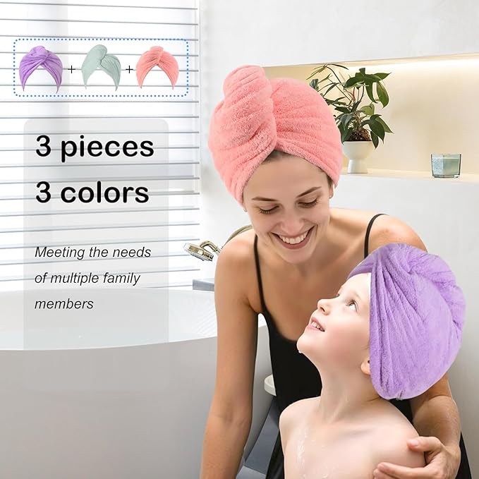 Microfiber Hair Drying Towel Wrap for Women, Hair Turbans Towel for Wet Hair,turbie Twist Hair Towels(The Color of the Picture is for Reference only) (Pink,Purple,Light Green)