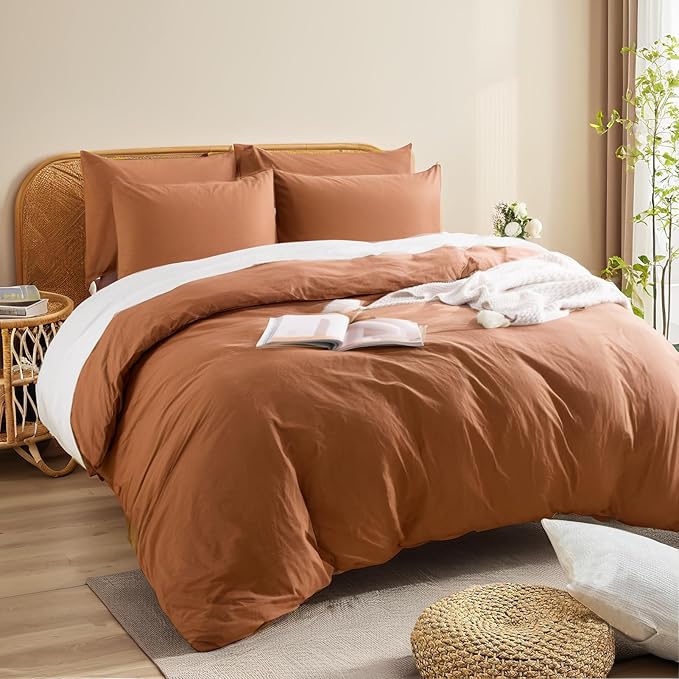 NEXHOME PRO Terracotta Burnt Orange Duvet Cover Set King Size Linen Textured Organic Natural 100% Washed Cotton Duvet Cover Fall Caramel 3 Pieces Bedding Set with Zipper Closure, Soft(No Comforter)