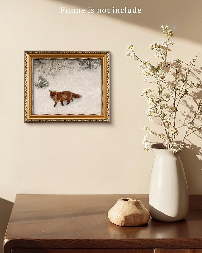 Vodefoad Vintage Fox in the Snow Winter Print Fox in Winter Christmas Retro Landscape Oil Painting Antique Winter Landscape Watercolor Animal Picture Aesthetic for Bedroom Bathroom Living Room Christmas Decor Painting Holiday Art - 8x10Inch Unframe