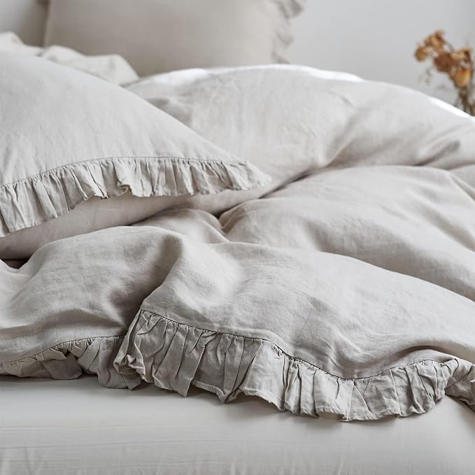 Simple&Opulence 100% Linen Duvet Cover Set, 3 PCS Natural French Flax Light Grey Ruffle Duvet Cover King Size, Breathable Comfy Linen Bedding Comforter Cover with 2 Pillowcases(Light Grey, 104"X 92")