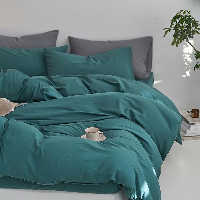 MooMee King Duvet Cover Set, 100% Washed Cotton Linen Like Twill Thick Sturdy Material Super Soft Breathable Durable Bedding for All Season, 3 Pieces (Green, King 104"x90")
