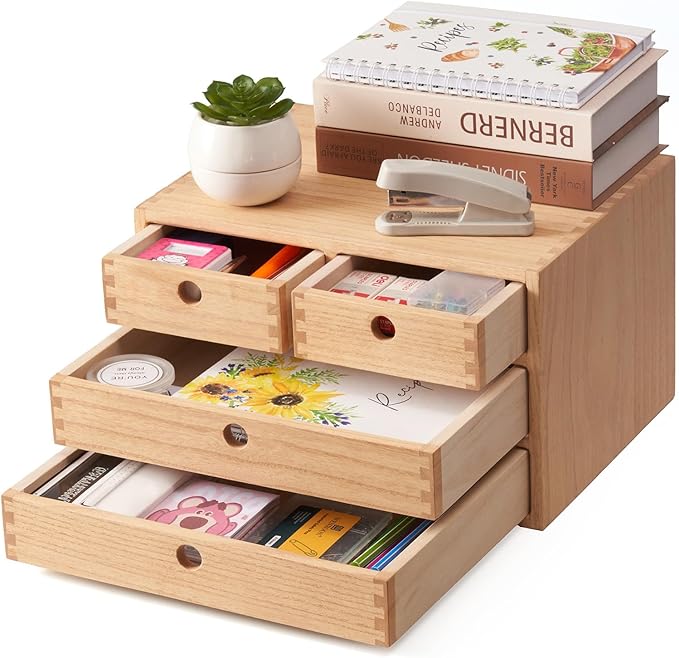 KIRIGEN Wood Desktop Storage Cabinet with 4 Drawers, 3-Tier Desk Organizer for Letter-Size Paper, Mail, Home Office Supplies, Makeup, Crafts, Desk or Countertop, Fully Assembled WJG34-NA