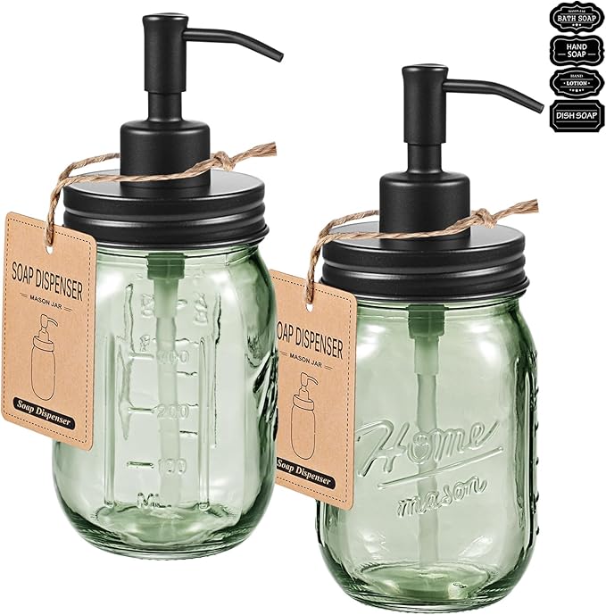 SheeChung Mason Jar Green Glass Soap Dispenser, Stainless Steel Pump, Refillable Dish soap Dispenser for Kitchen, 16Oz Bathroom Hand Soap Dispenser for Lotion, Liquid, Farmhouse Decor-Black, 2 Pack